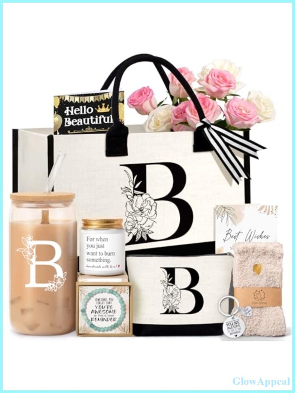 Monogrammed Canvas Tote Bag Gift Set with Cosmetic Bag, Glass Cup, Candle,